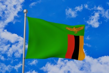 Zambia national flag waving isolated in the blue cloudy sky realistic 3d illustration