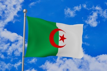 Algeria national flag waving isolated in the blue cloudy sky realistic 3d illustration