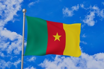 Cameroon national flag waving isolated in the blue cloudy sky realistic 3d illustration