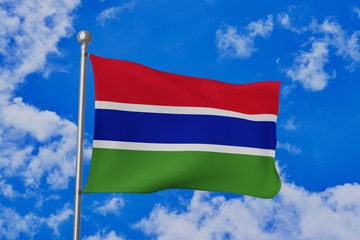 Fototapeta na wymiar Gambia national flag waving isolated in the blue cloudy sky realistic 3d illustration