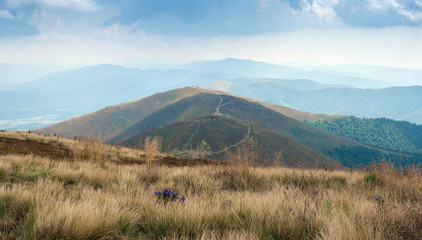 Obraz premium Beautiful view of the Borzhavsky mountain range, Ukraine. Panorama of mountain valley on a sunny summer day.