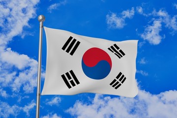 Korea national flag waving isolated in the blue cloudy sky realistic 3d illustration
