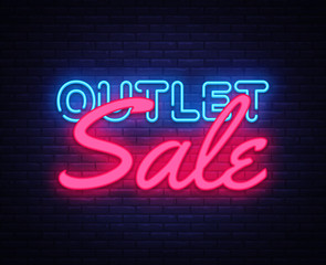 Outlet Sale neon text vector design template. Discount neon banner, light banner design element colorful modern design trend, night bright advertising, bright sign. Vector illustration