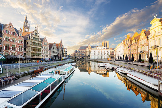 Embankment  along the Leie river with medieval houses in the city of Ghent, Belgium