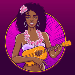 Beautiful girl playing ukulele. Happy smiling black woman in bikini. Circle label, poster, tee shirt print. Vector illustration in retro pin-up, pop art, comic style.