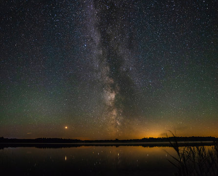 Panorama of the beautiful milky way over a large lake on a summer night