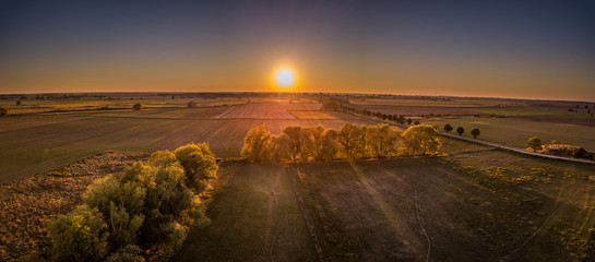 Luftaufnahme / Panorama von Feldern für die Landwirtschaft bei Sonnenuntergang 