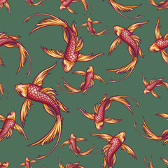 Koi fish seamless pattern. Vector illustration of gold koi carp isolated on olive green background.