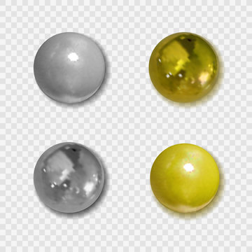 Vector Realistic Golden and Silver Buttons with Shadows on Transparent Background, Metallic Balls.