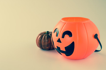 Beautiful halloween decoration trick or treat on white background with filter, concept of halloween party, copy space(text space), close-up, blank for text