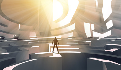 3d rendering businessman standing over a maze