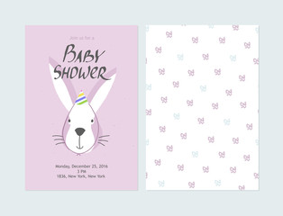 Baby shower girl invitation, vector templates Pastel cards with rabbit face and hand drawn text on pink background.