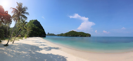 Fototapeta na wymiar Panorama of the tropical beach with coconut shadow on the white sand