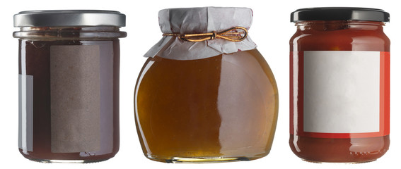 Jam jar set whith blank labels isolated on white.
