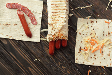 ingredients for cooking kebabs with sausages.photo with copy spa