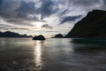 Sunset at Haukland beach in Lofoten Islands, Norway