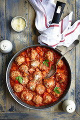Meatballs with vegetables (carrot, bell pepper and onion) stewed in tomato sauce.Top view.