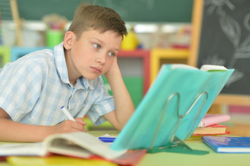 Portrait of boy doing homework at desk