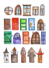 Set of modern and ancient windows, doors and towers. Watercolor painted arcitectural ornate colorful elements.