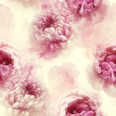 Schilderijen op glas photo and watercolour seamless pattern with chrysanthemums and peonies flowers - digital mixed media artwork. endless motif for textile decor and design © Liia Chevnenko