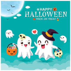 Naklejka premium Vintage Halloween poster design with vector witch ghost character. 