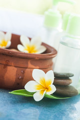 Obraz na płótnie Canvas Spa or wellness setting with tropical flowers, bowl of water, towel and cream tube with sunlight