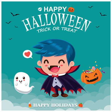 Vintage Halloween poster design with vector vampire & ghost character.  