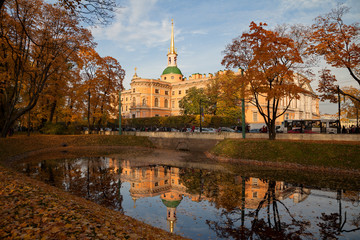 Saint Petersburg, Russia - View at Mikhailovsky castle from the Michael Garden (Mikhaylovskiy Sad) at sunset