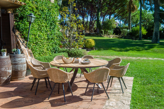 Garden dining table with chairs.