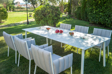 Garden dining table with chairs.
