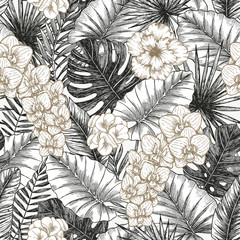 Exotic flowers and leaves seamless pattern. Silver and gold color. Tropical style. Vector illustration
