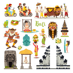 Bali landmarks vector icons set. Illustrated travel collection. Balinese traditional Temple, ethnic mask, indonesian people and tourist, Buddha drawn art sign. Isolated on white background