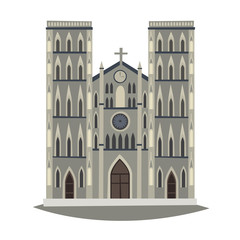 Fototapeta premium St Joseph's Cathedral in Hanoi cartoon vector illustration. Gothic church isolated on white background. Flat cartoon style Vietnamese traditional cultural symbols