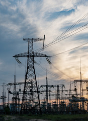 distribution electric substation with power lines and transformers