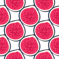 Seamless pattern with halves figs. Healthy dessert. Fruity repeating background. Hand drawn fruits. Exotic food. Wrapping, print on clothes, wallpaper, summer banner. Vector illustration, eps10