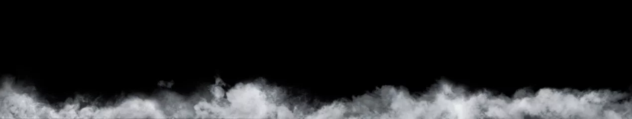 Fotobehang Panoramisch zicht op de abstracte mist of rookbeweging op zwarte achtergrond. Witte bewolking, mist of smog achtergrond. © Tryfonov