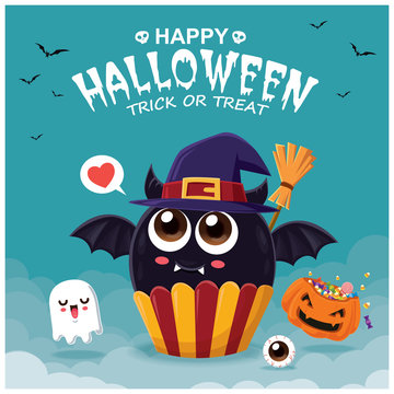 Vintage Halloween poster design with vector bat cupcake & ghost character. 