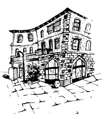 Vector Rural landscape with old farm house and garden. Hand drawn illustration. design