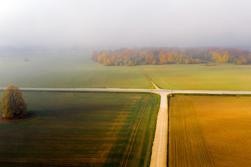 Autumn morning fog on green fields.
