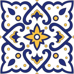 Foto auf Acrylglas Portuguese tile pattern vector seamless element with blue and yellow ornaments. Portugal azulejos, mexican talavera, italian sicily majolica. Tiled texture for kitchen mosaic or bathroom floor. © irinelle