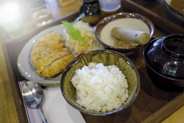 Deep fried pork with rice and Japanese miso soup.
