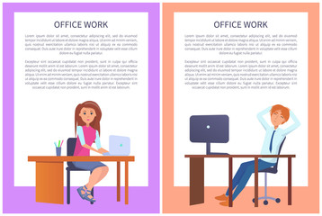 Office Work Poster Man Woman at Workplace Vector
