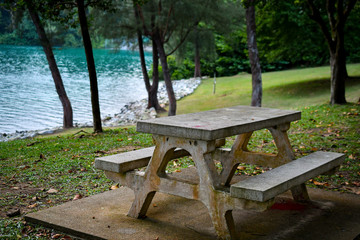 Empty Garden stone bench and table