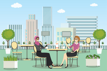 summer outdoor cafe or restaurant with tables and chairs