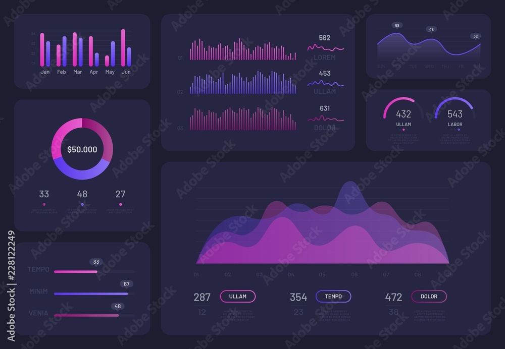 Aufkleber modern infographic design template, set of business workflow charts and diagrams on dark background.