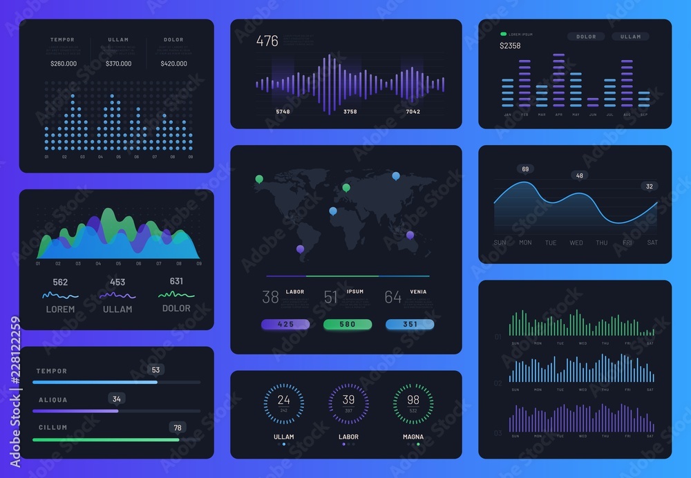 Poster collection of infographic design template. technology hud interactive panel with statistics graphs a
