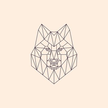 Geometric linear polygonal wolf. Abstract head of a wild wolf. Sketch for T-shirts, tattoo or coloring book. Animal vector illustration