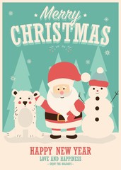 Merry Christmas card with Santa Claus, snowman and reindeer, winter landscape