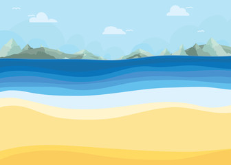 Beach sea waves with clouds mountain background. Summer background.