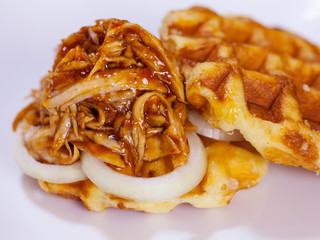 Pulled chicken and waffles